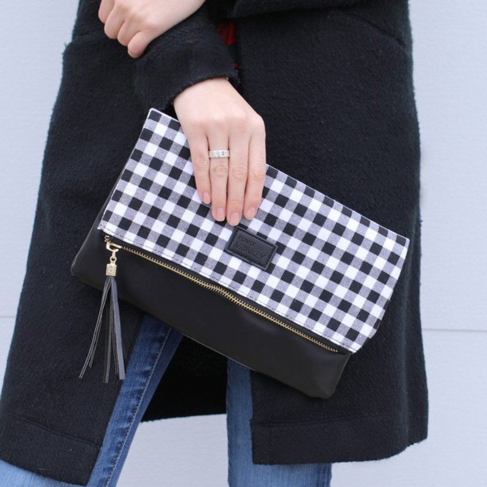 White and Black Buffalo Plaid Check Clutch Bag